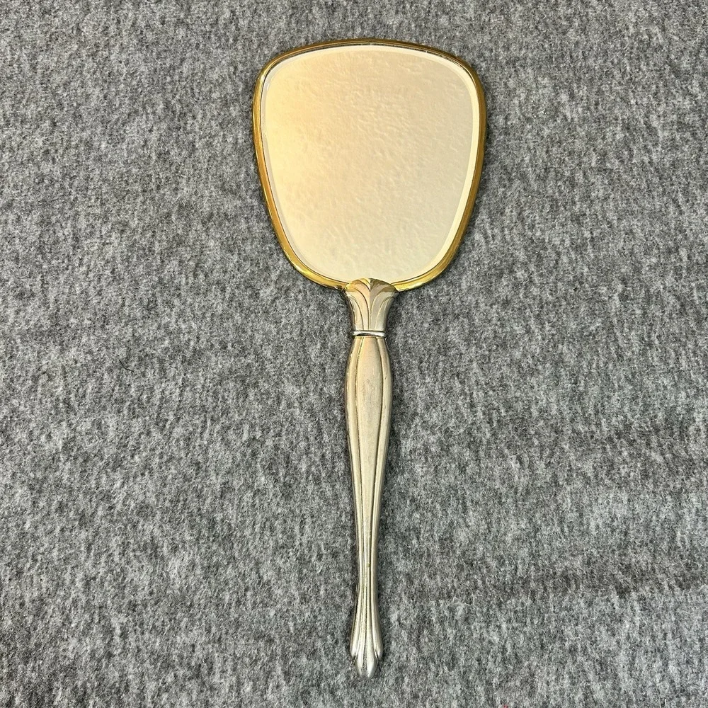 Mid Century Vintage Vanity Mirror Floral Paper Insert Gold Tone Handle Boudoir